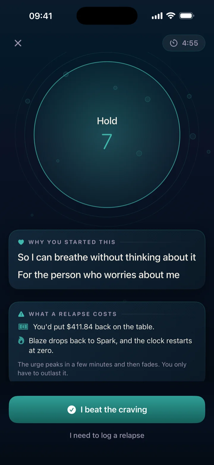 QuitStreak SOS screen, with the breathing circle in blue and the reasons you wrote