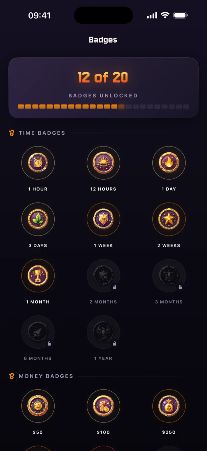 QuitStreak badge gallery with 12 of 20 unlocked