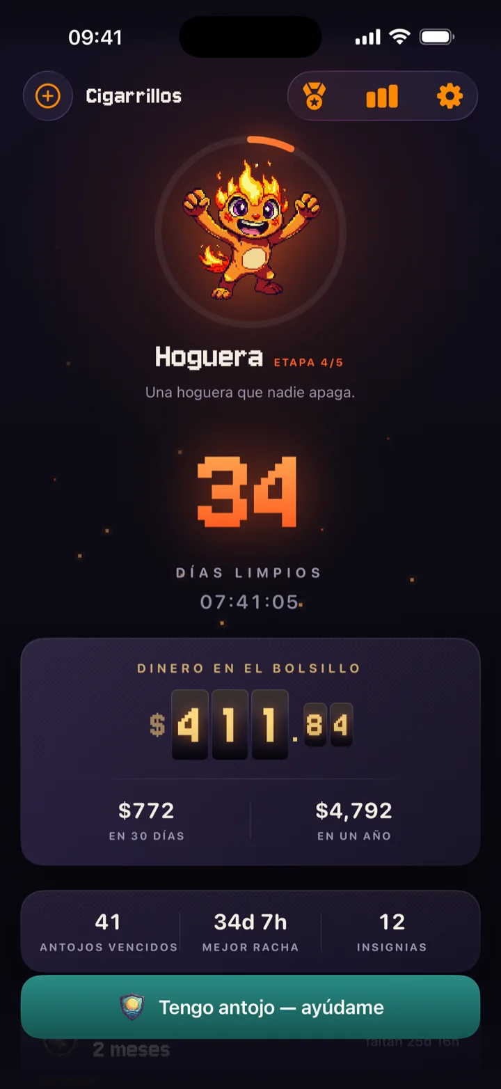 Pantalla principal de QuitStreak: Ember en la etapa Hoguera, 34 días limpios y el odómetro en $411,84