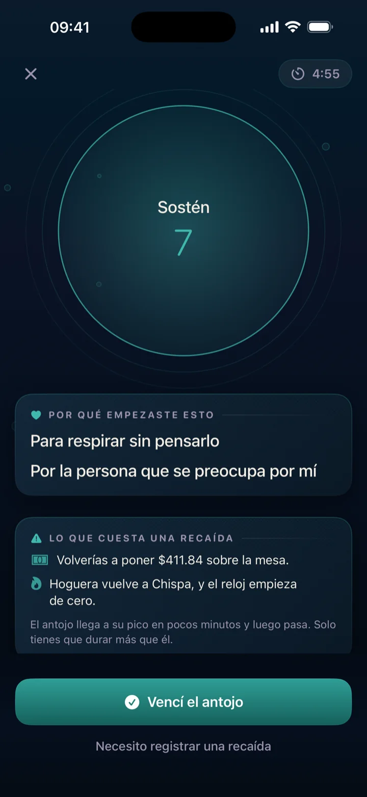 Pantalla de SOS de QuitStreak, con el círculo de respiración en azul y tus razones escritas