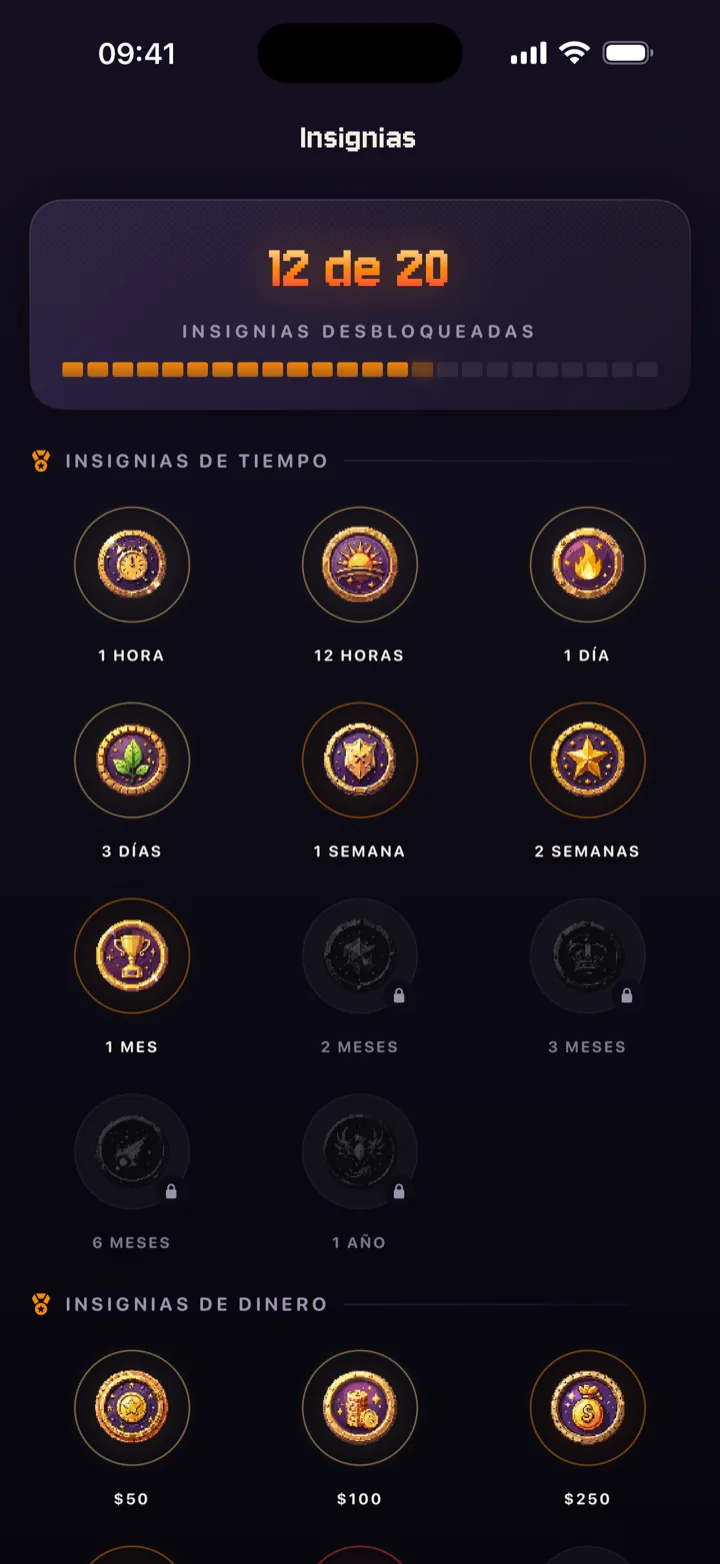 Galería de insignias de QuitStreak, con 12 de 20 desbloqueadas