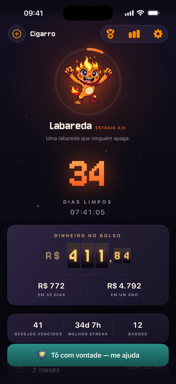 Tela principal do QuitStreak: o Ember no estágio Labareda, 34 dias limpos e o odômetro marcando R$ 411,84