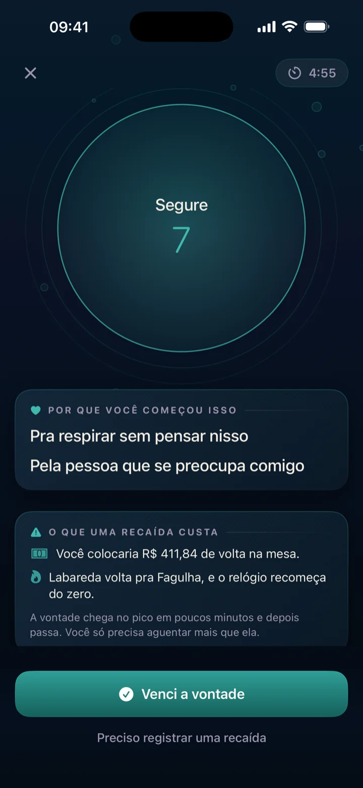 Tela de SOS do QuitStreak, com o círculo de respiração em azul e os motivos do usuário