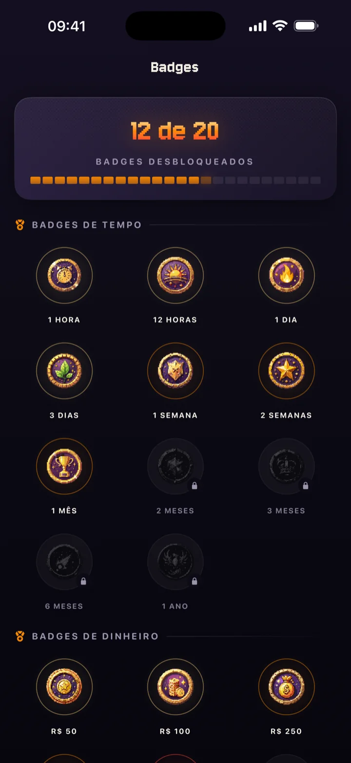 Galeria de medalhas do QuitStreak, com 12 de 20 desbloqueadas